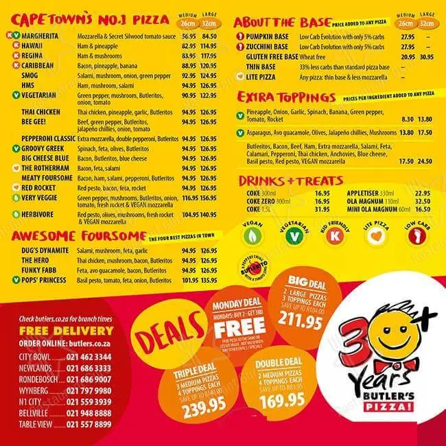Butlers Pizza menu with prices South Africa