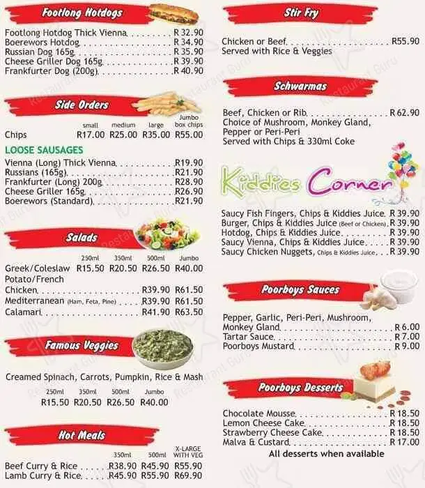 Poorboys Menu (updated July) with prices 2023 in South Africa